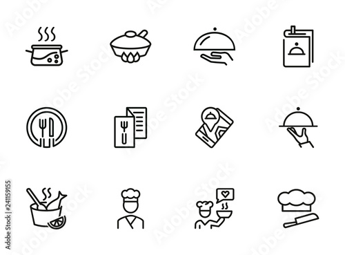 Restaurant service line icon set. Set of line icons on white background. Menu, stewpan, plate, chef. Food concept. Vector illustration can be used for topics like eating, drinking, resting