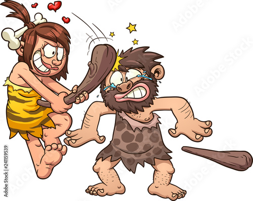 Cavewoman in love, hitting caveman in the head with a wooden club. Vector clip art illustration with simple gradients. All in a single layer.
