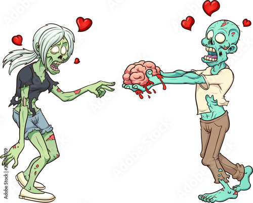 Male zombie in love giving female zombie a brain as a Valentine’s gift. Vector clip art illustration with simple gradients. Some elements on separate layers.