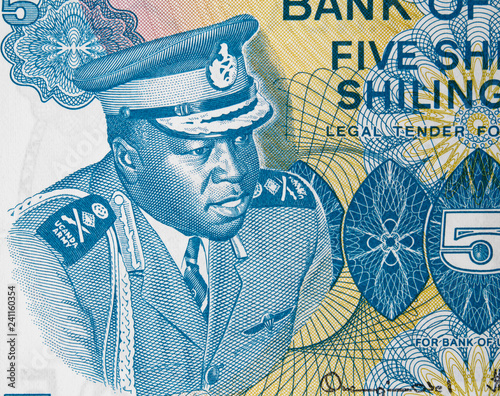 Idi Amin Dada on Ugandan 5 shilling banknote, Uganda money currency close up photo