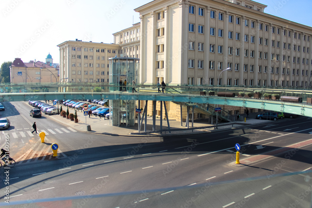 Fototapeta premium Rzeszow, Poland - October 07, 2013: Round glass pedestrian bridge over the road
