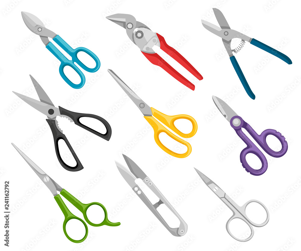 Collection of different scissors models. Hand cutter tools, equipment shears for hair stylist,gardening, medical. Flat vector illustration isolated on white background