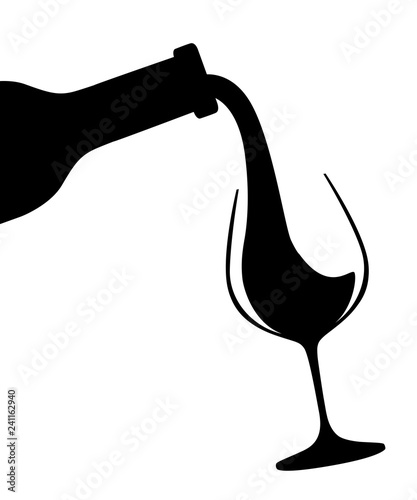 Black silhouette. Abstract logo or illustration. Red wine pouring from bottle to glass. Flat vector illustration isolated on white background