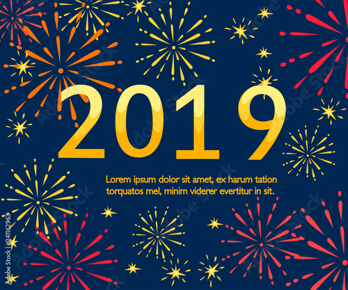 Abstract golden and red fireworks explosion with 2019 year numbers. Flat vector illustration on night sky background. Place for text