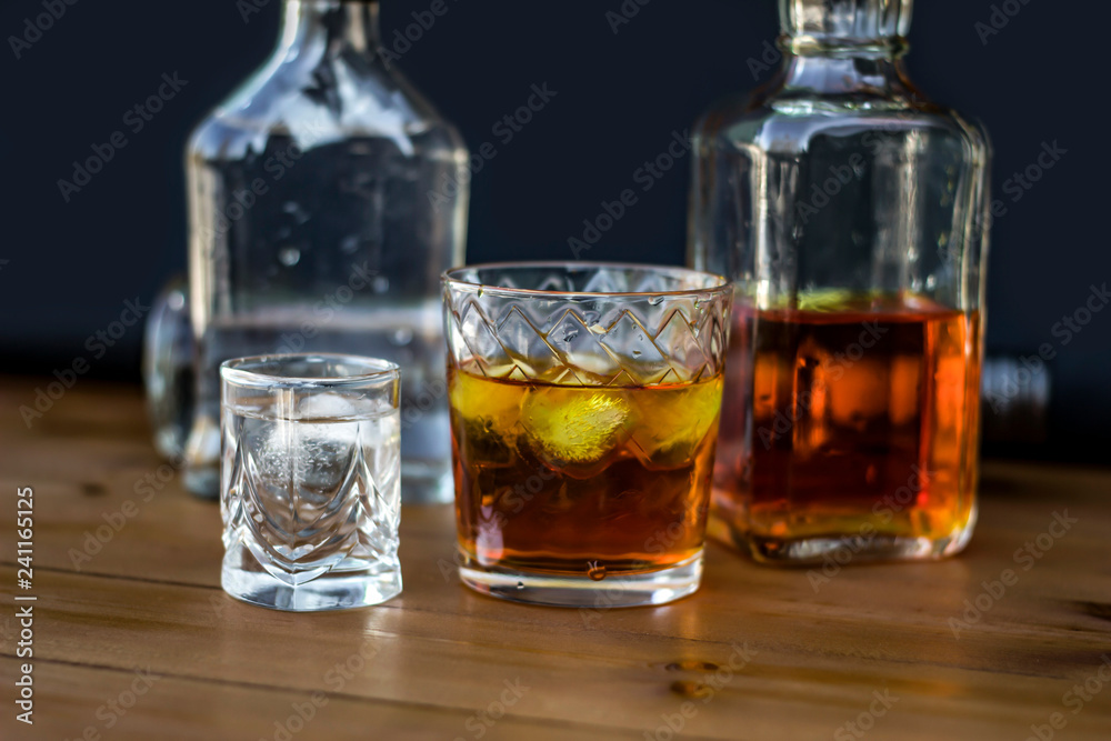 Alcoholic beverage close-up, wooden table Alcoholic beverage close-up, wooden table
