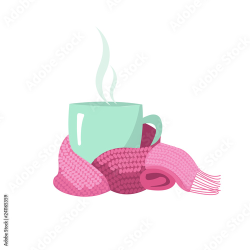 A cup in a scarf. Mug, wrapped in a knitted warm scarf. warming atmosphere for hanging out. Flat cartoon style illustration on white background.