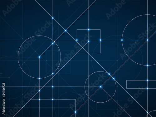 Abstract neon background of engineering drawing. Technological wallpaper made with circles and lines. Geometric design