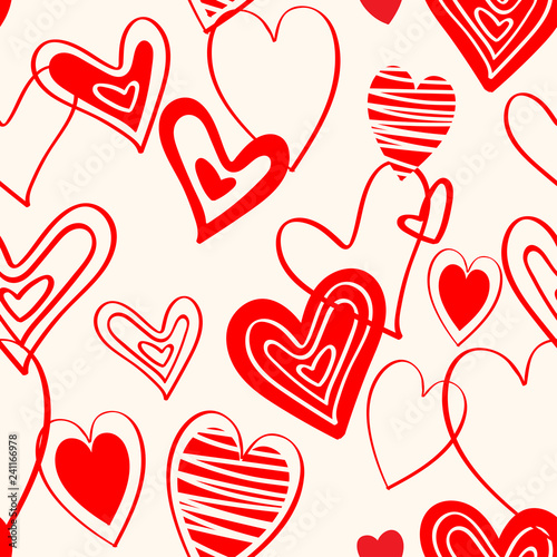 Seamless repeat pattern with playful  overlapping sketched valentine's red heart shapes on cream background