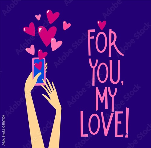 Valentine's Day card with hands holding smartphone and send a message