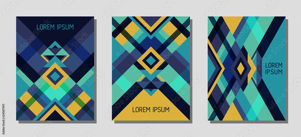 Cover page layout vector template geometric design with triangles and stripes pattern in dark blue and gold. Cover page layout vector template geometric design with triangles and stripes pattern in dark blue and gold.