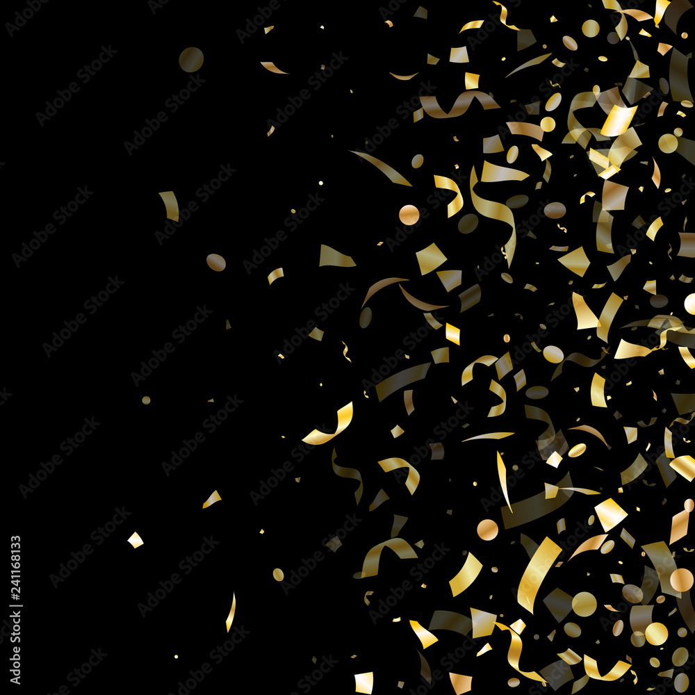 Fototapeta premium Holiday realistic gold confetti flying on black background.