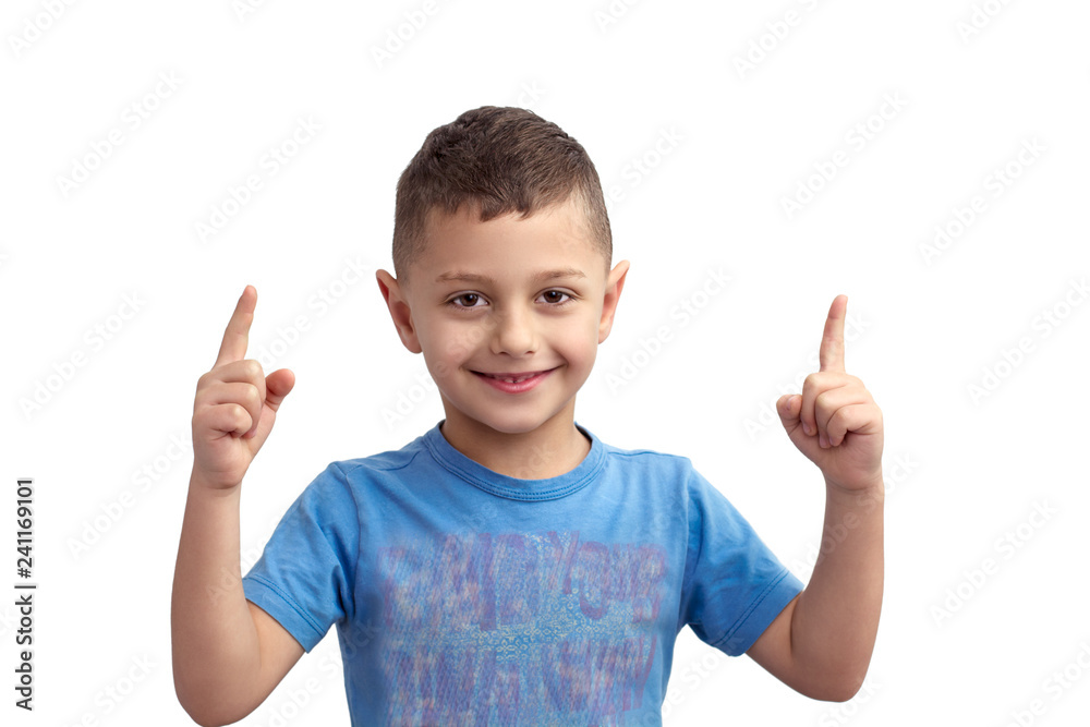 Emotions of a cheerful boy who is holding two fingers up isolated on white background Emotions of a cheerful boy who is holding two fingers up isolated on white background