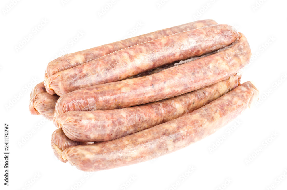 Raw homemade sausage in natural casing isolated on white background Raw homemade sausage in natural casing isolated on white background