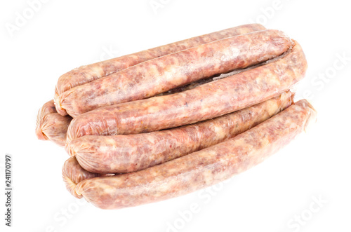 Raw homemade sausage in natural casing isolated on white background