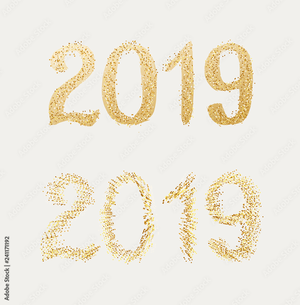 New Year 2019. Golden text with bright confetti New Year 2019. Golden text with bright confetti