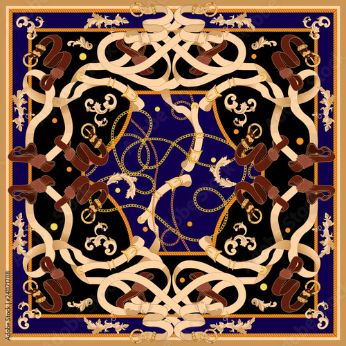 Baroque patch with golden chains and belts. Vector scarf