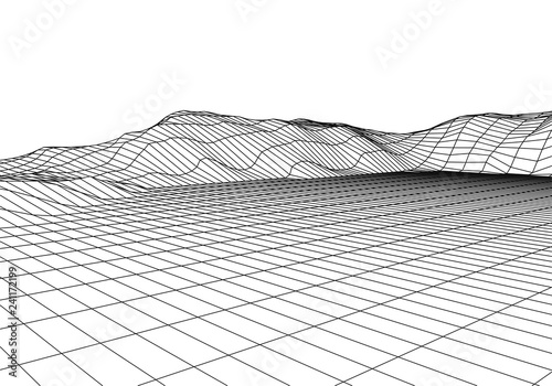 Wireframe 3D landscape mountains. Futuristic 3D cartography. Wireframe landscape wire. Cyberspace grid.