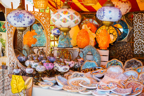 Colorful lamps at the medieval market of Valencia, Spain