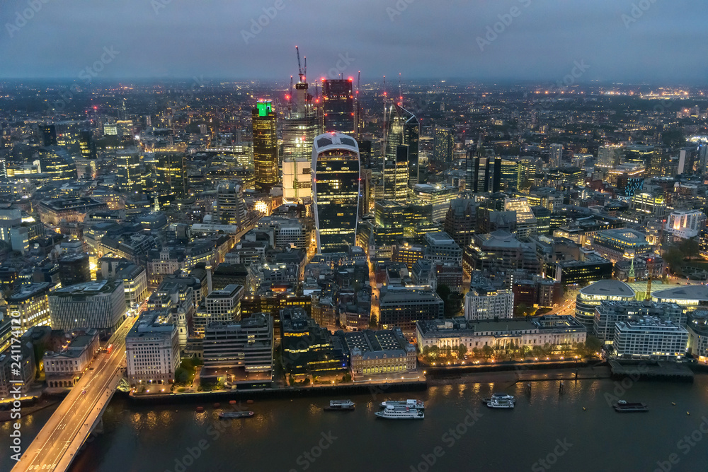 Aerial view of City of London at night