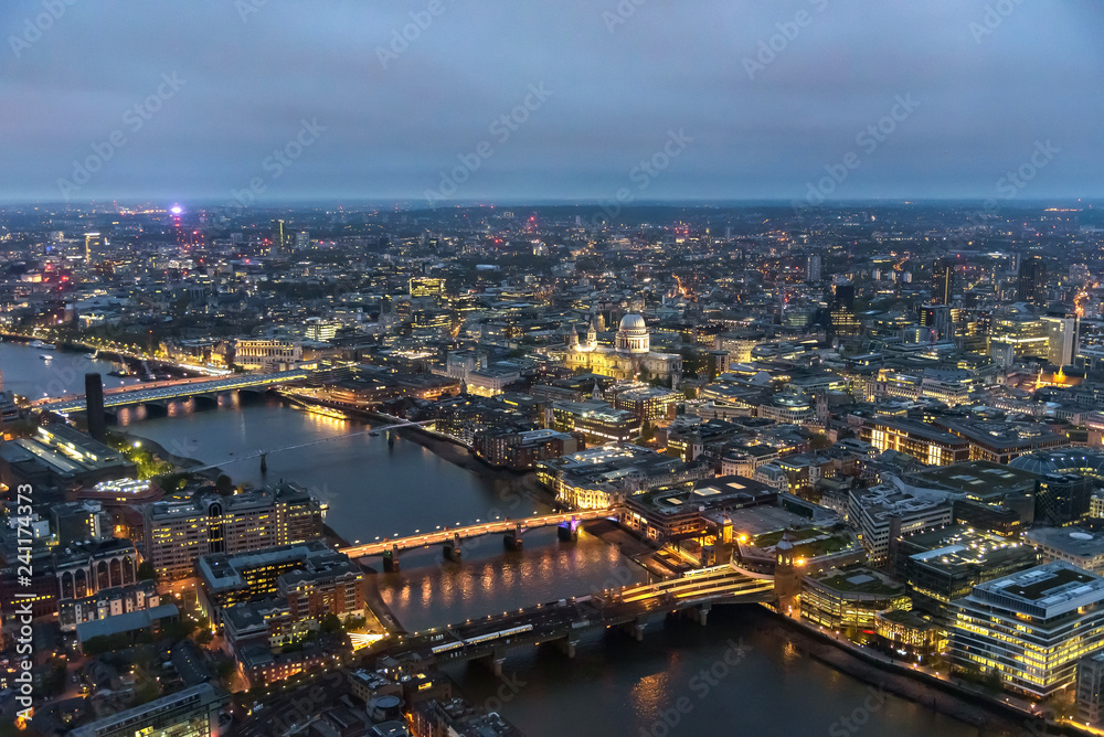 Aerial view of river Thames in London at dusk