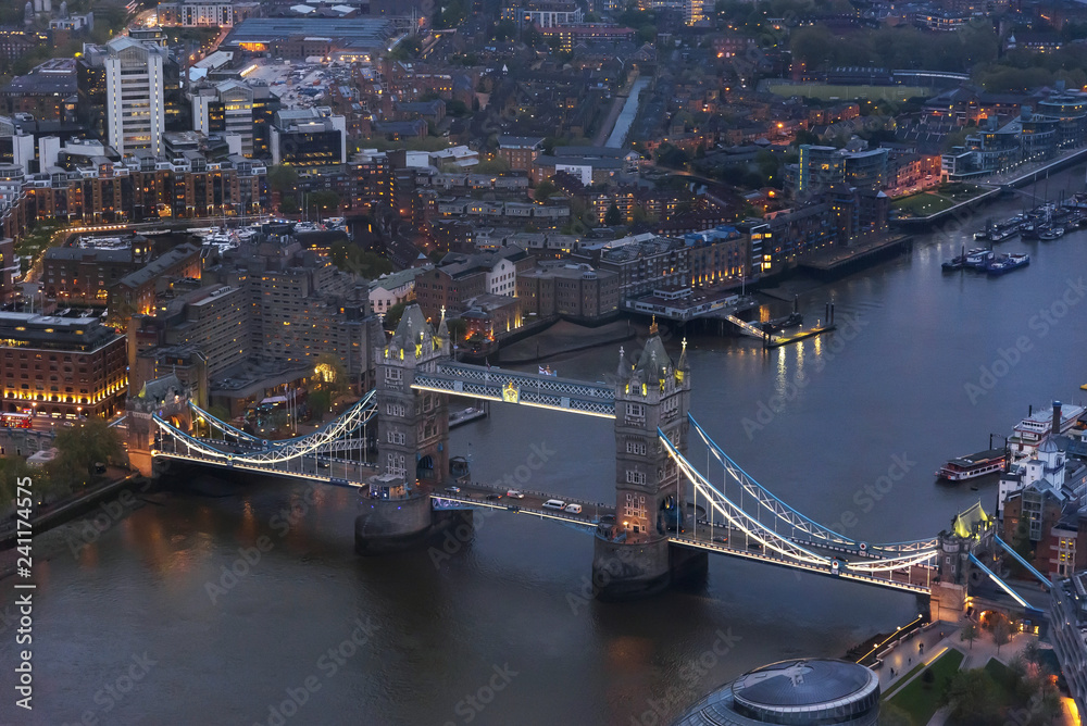 Aerial view of Tower Bridge in London at dusk