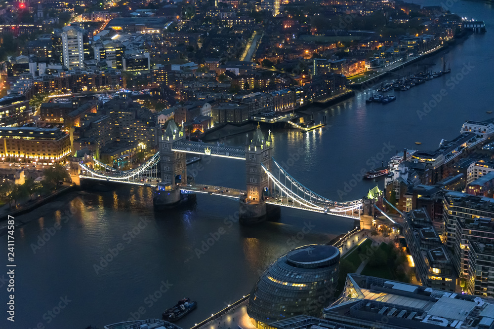 Aerial view of Tower Bridge in London at night