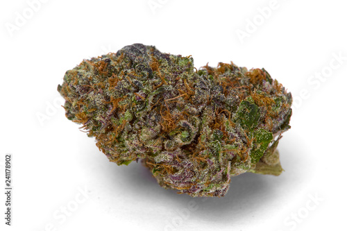 Close up of Kush OG  prescription medical marijuana and recreational weed hybrid strain sticky flower bud isolated on a white background