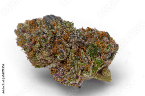 Close up of Kush OG  prescription medical marijuana and recreational weed hybrid strain sticky flower bud isolated on a white background