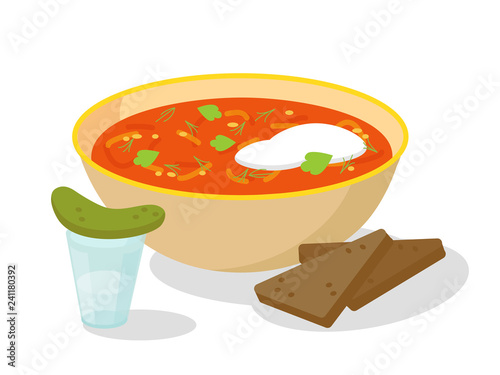 A plate of Russian or Ukrainian borscht with rye bread, vodka and pickled cucumber