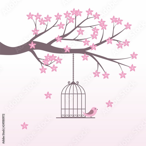Romantic cherry blossom with bird cage vector 