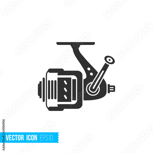 Fishing reel icon in silhouette flat style isolated on white background.