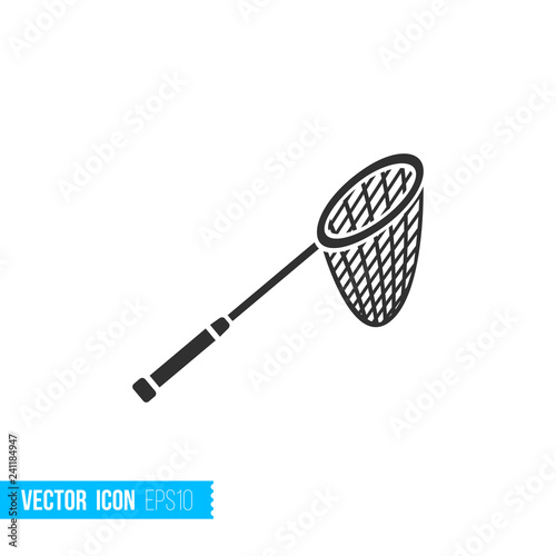 Fishing net with handle icon in silhouette flat style isolated on white background.