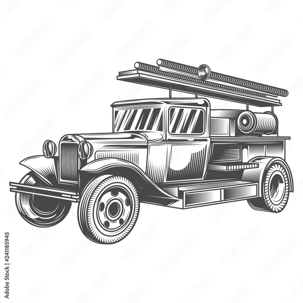 Black and white fire truck on white background. Vector illustration.