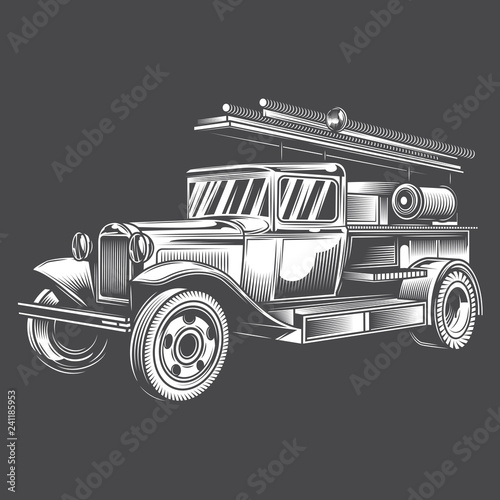 Black and white fire truck on dark background. Vector illustration.