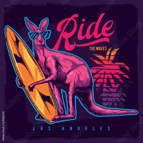 Original vector illustration in neon style. Kangaroo surfing in paws on the beach.