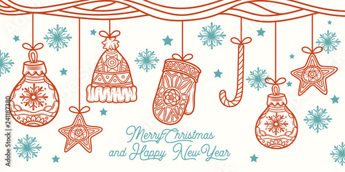 Merry Christmas and happy New year banner with Christmas decorations: Christmas tree toy, winter hat, mittens and star on white background. Christmas card.