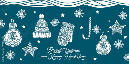 Merry Christmas and happy New year banner with Christmas decorations: Christmas tree toy, winter hat, mittens and a star on a blue background. Christmas card.