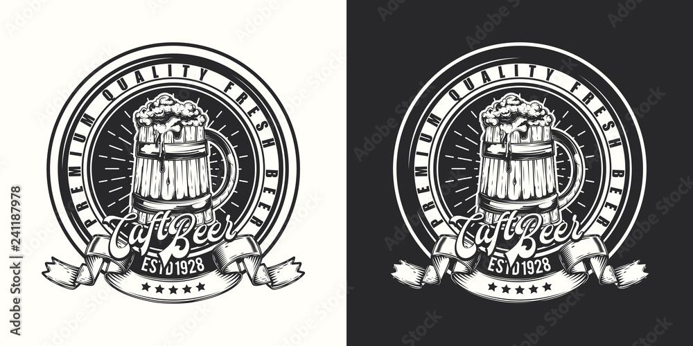 The emblem of craft beer on a light and dark background. Vector illustration. T-shirt or logo design. The emblem of craft beer on a light and dark background. Vector illustration. T-shirt or logo design.