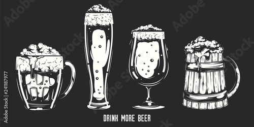 Vector set of beer glasses and mugs on dark background.