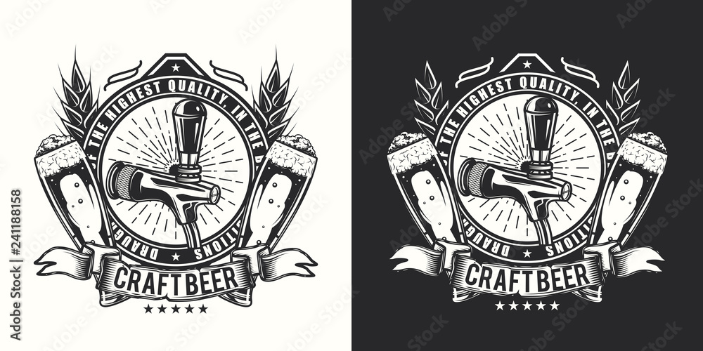 Beer emblem on a light and dark background. Detailed vector illustration. Vintage style Beer emblem on a light and dark background. Detailed vector illustration. Vintage style