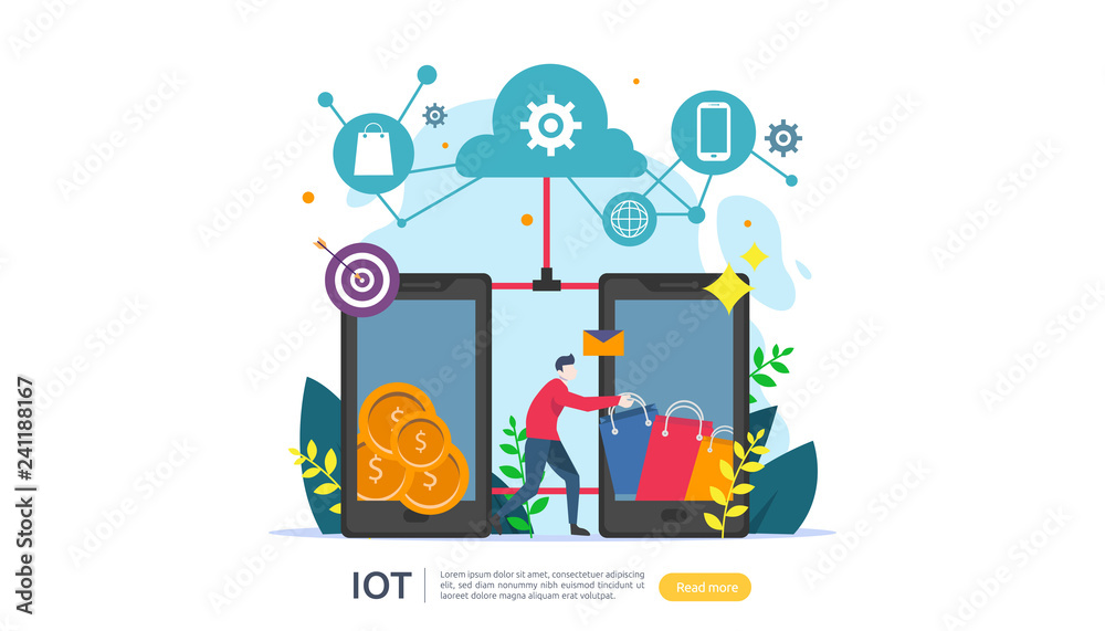 IOT smart house monitoring concept for industrial 4.0 online market on smartphone screen of internet of things connected objects. web landing page template, banner, print media. Vector illustration