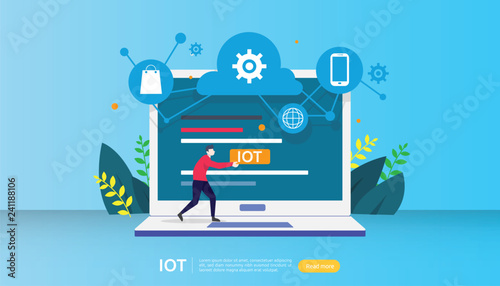 IOT smart house monitoring concept for industrial 4.0 home technology on laptop screen of internet of things connected objects. web landing page template, banner, print media. Vector illustration