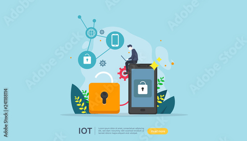 IOT smart house monitoring concept for industrial 4.0. home remote lock technology on smartphone screen app of internet of things. web landing page template, banner, print media. Vector illustration