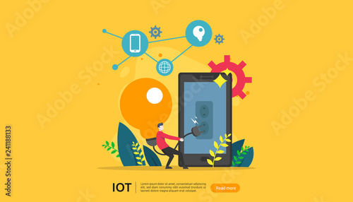 IOT smart house monitoring concept for industrial 4.0. bulb light remote technology on smartphone screen app of internet of things. web landing page template, banner, print media. Vector illustration