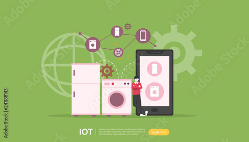 IOT smart house monitoring concept for industrial 4.0. remote appliances technology on smartphone screen app of internet of things. web landing page template, banner, print media. Vector illustration