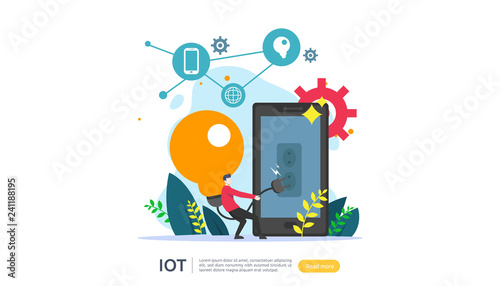 IOT smart house monitoring concept for industrial 4.0. bulb light remote technology on smartphone screen app of internet of things. web landing page template, banner, print media. Vector illustration