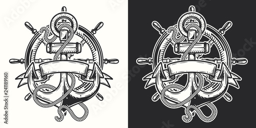 Vector illustration. Anchor with rope and ribbon for lettering on dark and white background.