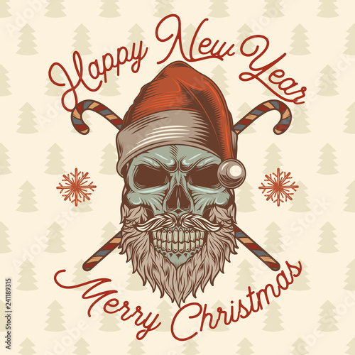 Christmas emblem. Skull Santa Claus vintage style. Vector illustration.