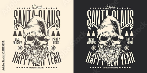 Christmas emblem in black and white background. Skull of Santa Claus in vintage style. Vector illustration. © artmarsa