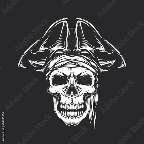 Skull in pirate vintage style. Monochrome vector illustration.